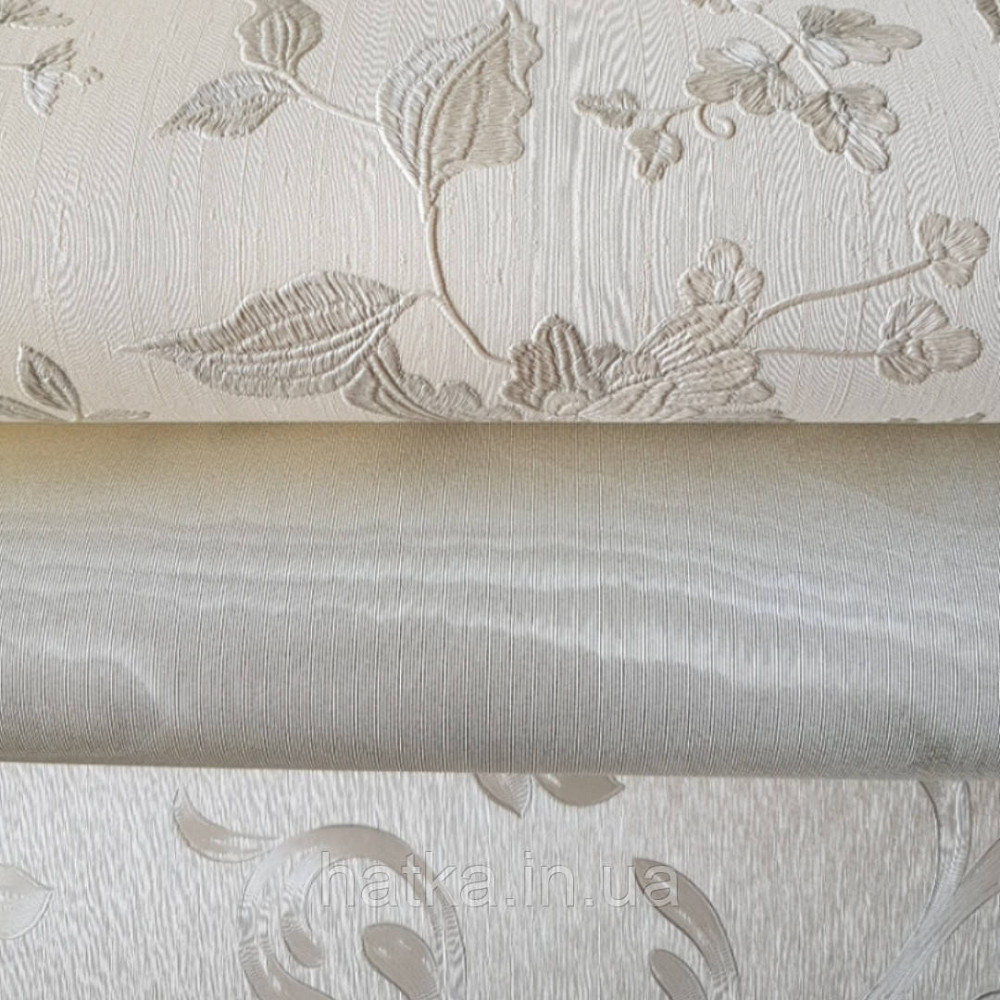 Шпалери вінілові на паперовій основі Sirpi Italian Silk 7 квіти листя гілки сріблясті структурних на білому 3д Київ - фото 1