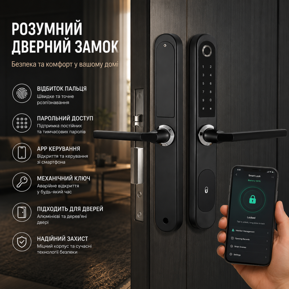 Розумний дверний замок з відбитком пальця WeiChuangJia, APP керування, пароль, ключ, для алюмінієвих та дерев'яних дверей, чорний Київ - фото 7