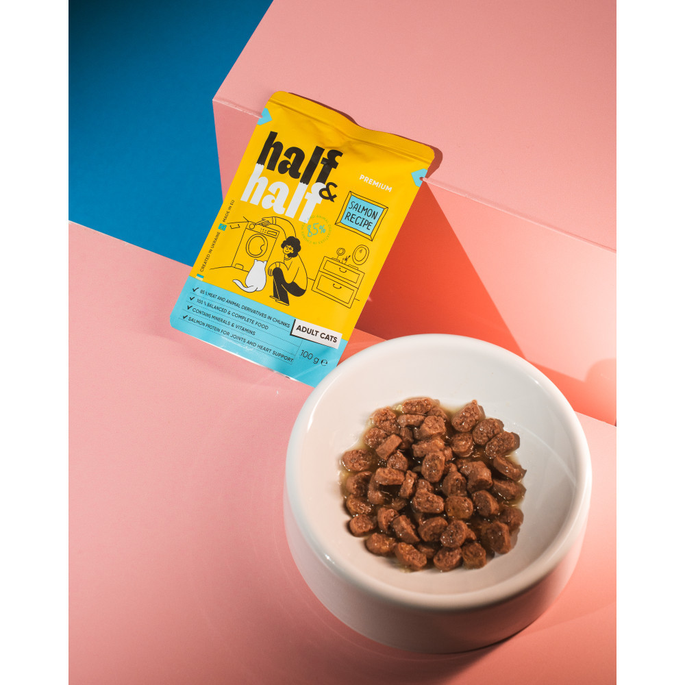 Корм влажный Half&Half для взрослых кошек, кусочки с лососем в желе в форме пауча, 100 г Винница - изображение 4