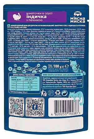 Вологий корм для дорослих котів М'ясна миска шматочки в соусі з індичкою та печінкою, 100 г Вінниця