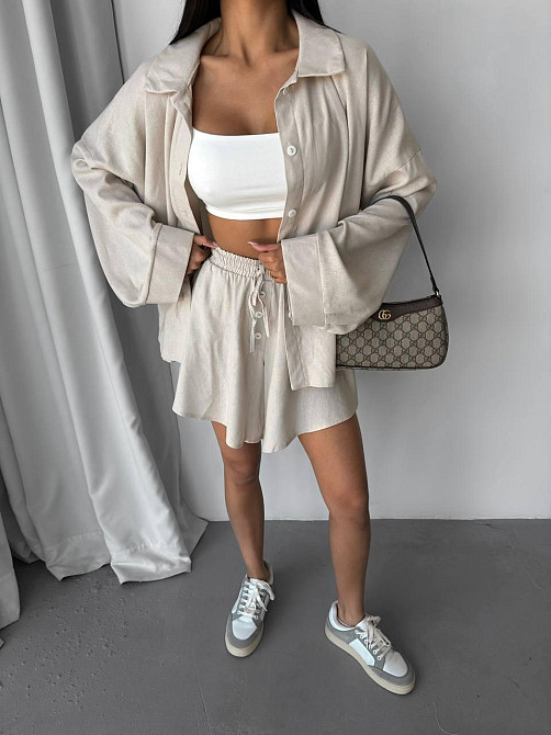 Женский летний прогулочный оверсайз костюм двойка: рубашка и шорты лен Беж Одесса - изображение 7