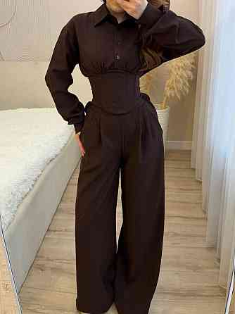 Стильний трендовий повсякденний костюм льон жатка Шоколад, 48/50 Одеса