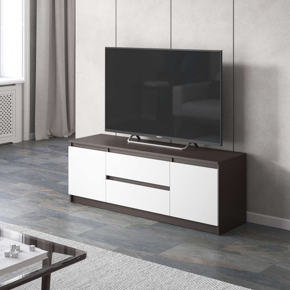 Тумба под телевизор VAYS, для гостиной, современная, 2 выдвижных ящика и две двери, без ручек R-28 Венге Темный-Белый фасад Львов - изображение 1