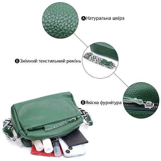 Кожаная женская сумка из стильным бегунком Vintage 22651 Зеленая Киев