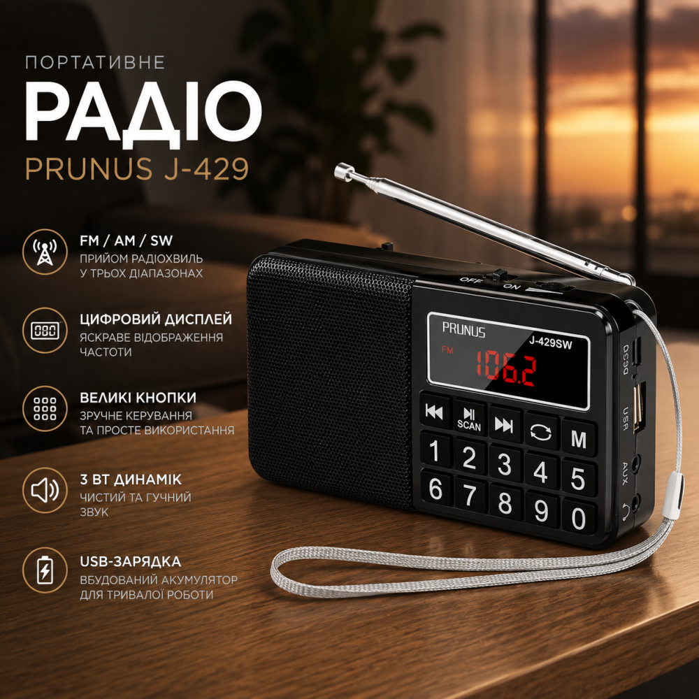 Портативне радіо PRUNUS J-429: FM/AM/SW, цифровий дисплей, великі кнопки, 3 Вт динамік, USB-зарядка Київ - фото 8