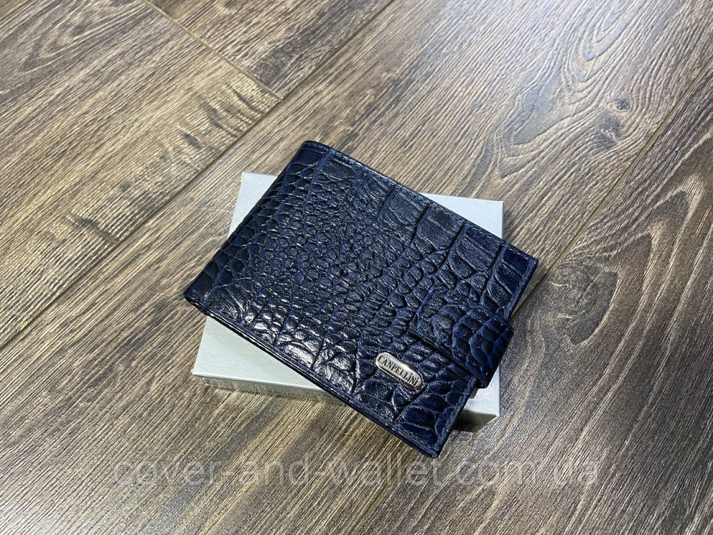 Компактний чоловічий гаманець синього кольору із натуральної шкіри під рептилію Сanpellini Київ - фото 2