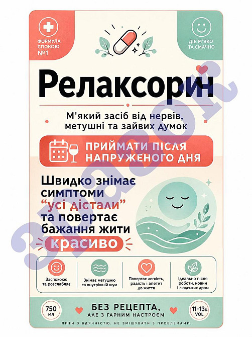Этикетка на бутылку вина или игристого «Релаксорин» | Прикольная подарочная этикетка и контрэтикетка  Шуточная наклейка на бутылку Одесса - изображение 1