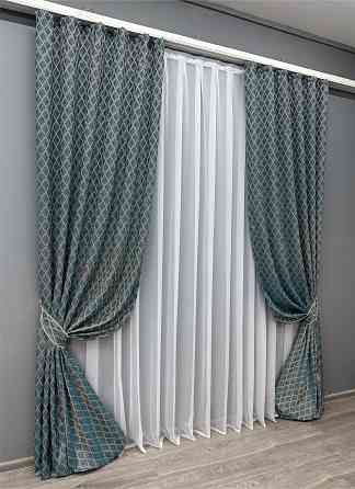 Комплект готових штор VR-Textil Жакард RUBI № 1761ш Темно-лазурний з молочним 150х300 см 2 шт (33-0721) Київ