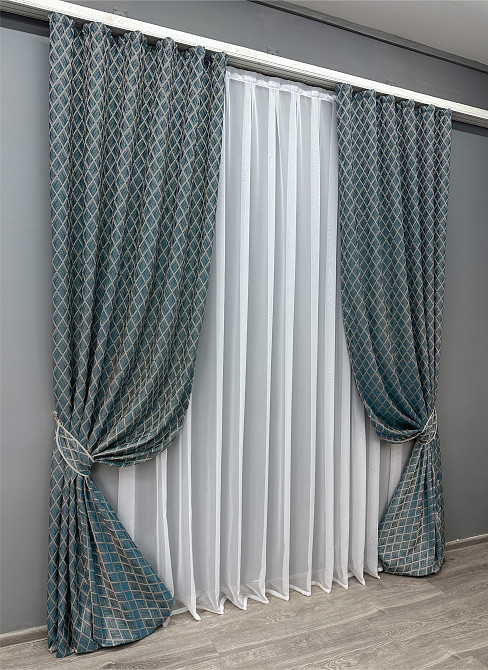 Комплект готових штор VR-Textil Жакард RUBI № 1761ш Темно-лазурний з молочним 150х300 см 2 шт (33-0721) Київ - фото 3