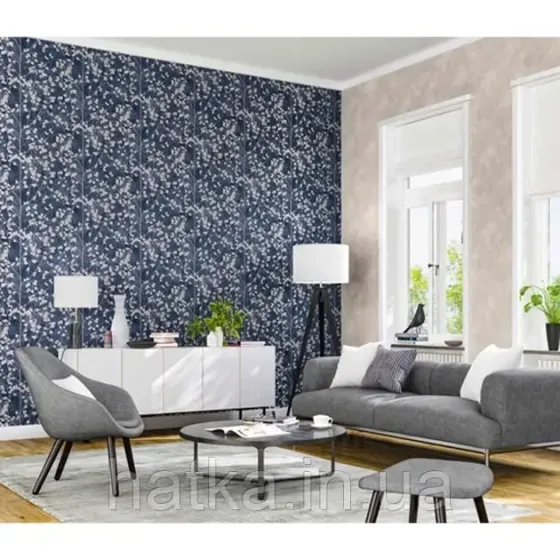 Шпалери вінілові на флізеліні Rasch Clasik 0,53х10 листя гілки сріблясті на темно-синьому Київ