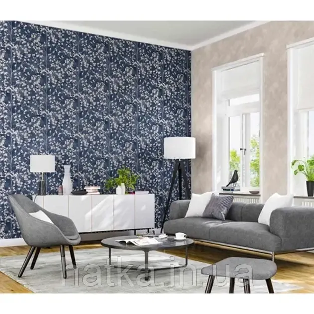 Обои виниловые на флизелине Rasch Clasik 0,53х10 листья ветки серебристые на темно синем Киев - изображение 2