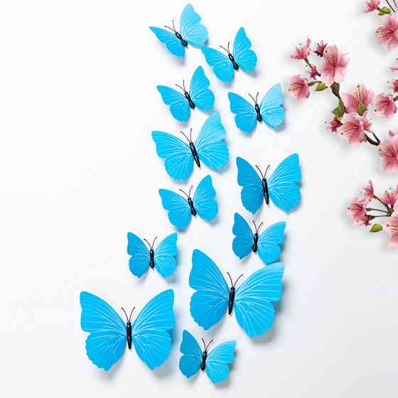 Декоративні метелики на магніті та скотчі для стін і холодильника 12 штук блакитний Київ