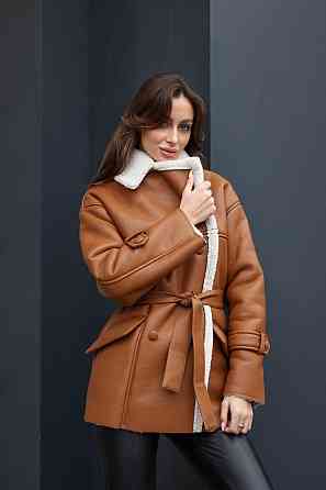 Женская стильная двубортная дубленка под пояс Кемел, 44/46 Одесса