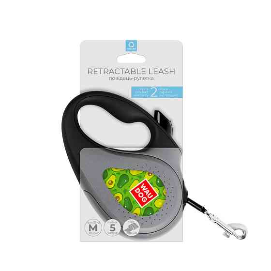 Повідець-рулетка для собак WAUDOG R-leash, малюнок "Авокадо", M, до 25 кг, 5 м, світловідбивна стрічка чорний Вінниця
