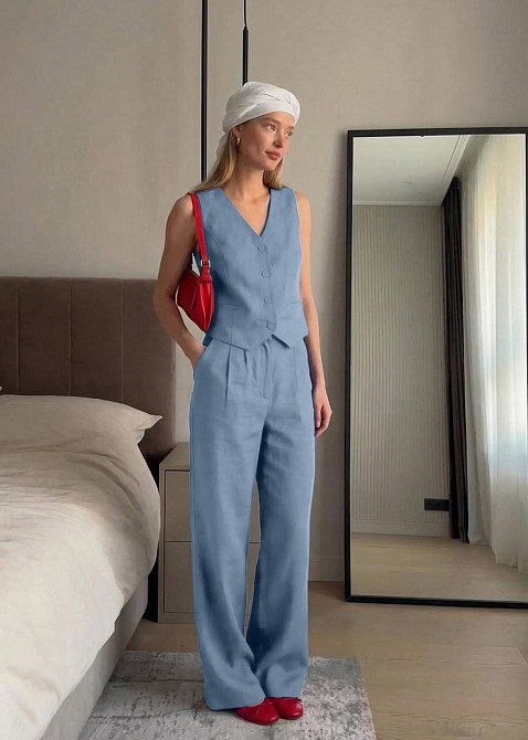 Жіночий стильний літній костюм-двійка льон Блакитний, 46/48 Одеса - фото 1