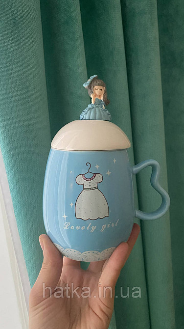 Кухоль чашка дитяча кераміка з кришкою і ложкою Olens "Принцеса" 360 мл блакитний Київ - фото 1