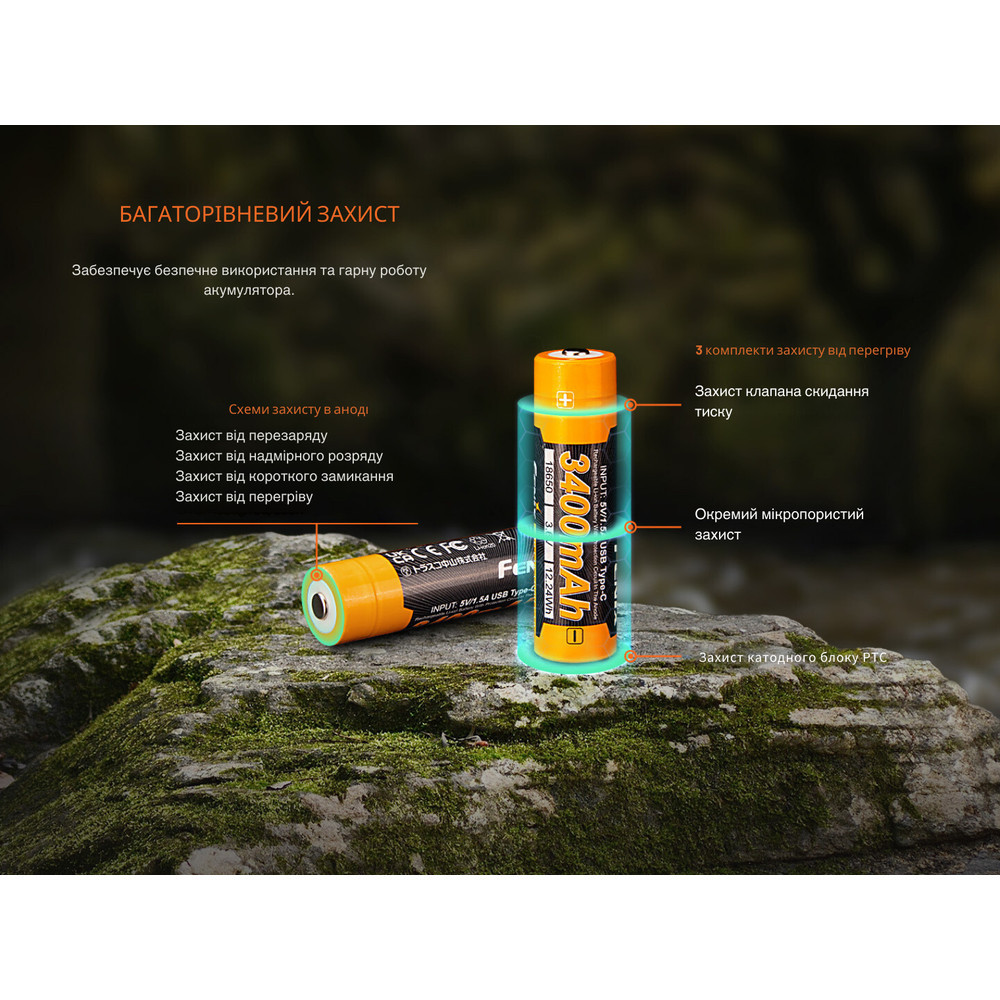 Аккумулятор 18650 Fenix 3400mAh 3.6V Li-ion с Type-C зарядкой (Черно-желтый) Винница - изображение 11