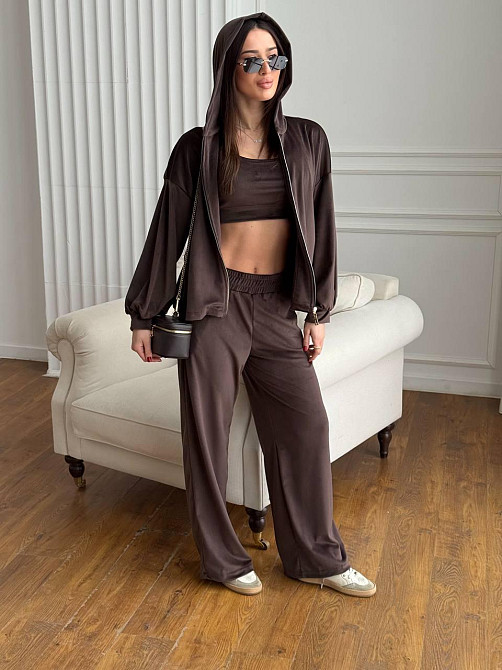 Жіночий повсякденний костюм-трійка: кофта, топ і штани велюр Шоколад, 42/46 Одеса - фото 3