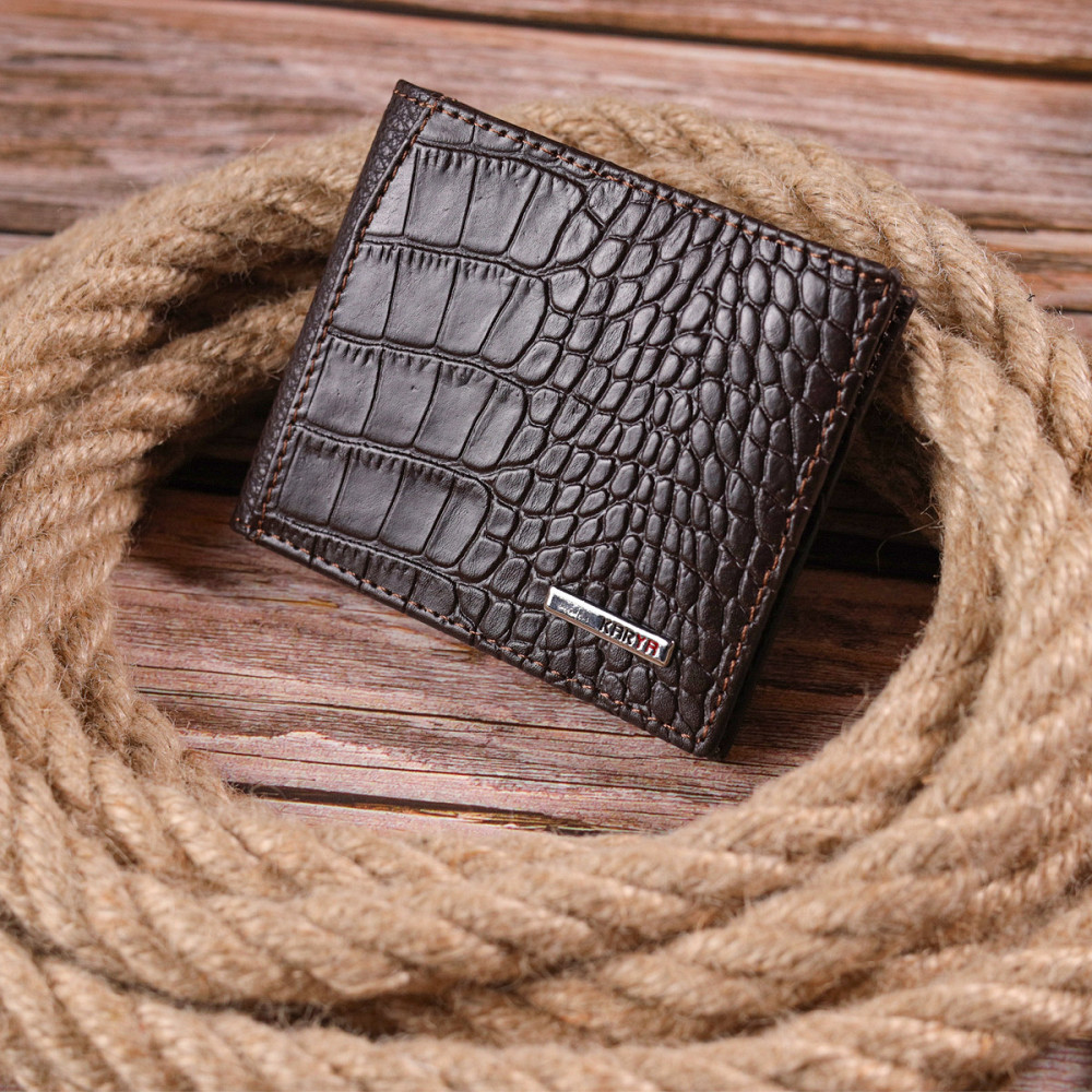 Фактурний чоловічий затиск із монетницею з натуральної шкіри з тисненням під крокодила KARYA 21405 Коричневий Київ - фото 9
