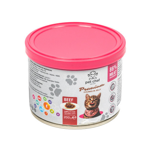 Вологий корм для котів Pet Chef шматочки в желе з яловичиною 200 г Київ - фото 1