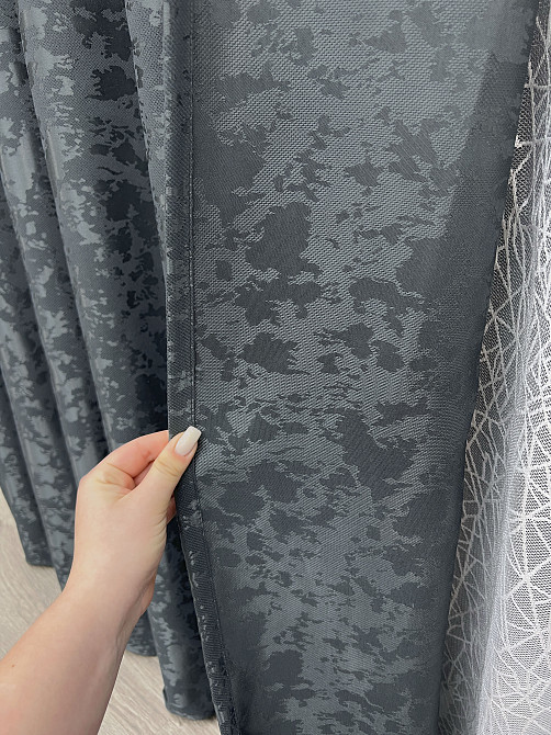 Комплект штор VR-Textil Льон Мармур 150х270 2шт і Тюль 500х270 1262ш-1672т Графітовий з білим 71-165/4 Київ - фото 5