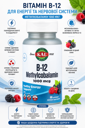 Витамин B12 метилкобаламин KAL B12 Methylcobalamin 1000mcg 60 жев табл ягоды Киев