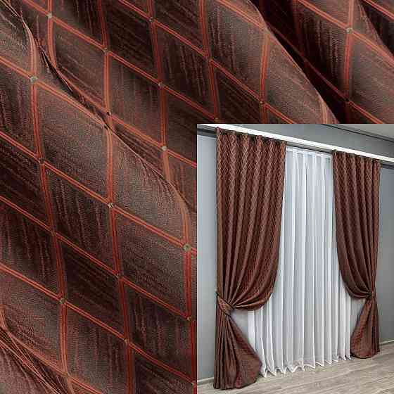 Комплект готових штор VR-Textil Жакард RUBI № 1762ш Графітовий з теракотовим 150х300 см 2 шт (33-0717) Київ