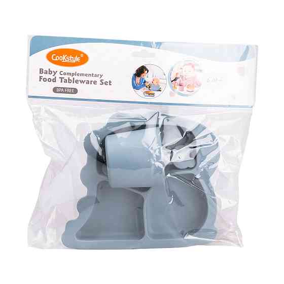 Дитячий набір силіконової посуди: чашка, тарілка, ложка, синій Київ