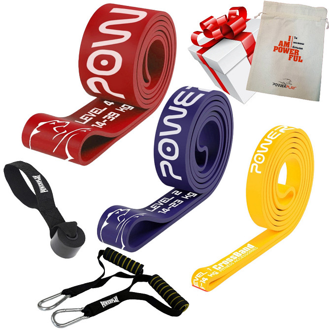 Еспандер-петля (гумові петлі) PowerPlay PP_0022 набір 3шт. опір 5-39кг. (сумарно 76кг.) + ручки та якір Кам'янське - фото 1