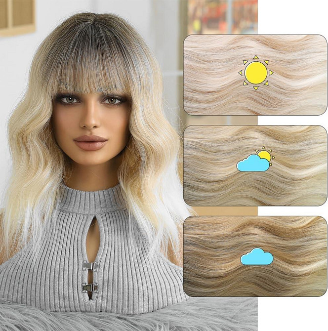 Перука коротка хвиляста каре блонд омбре з чубчиком, термостійке синтетичне волосся з натуральним проділом,  для зміни образу Київ - фото 8