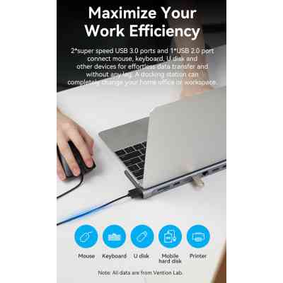 Концентратор Vention USB3.1 Type-C to HDMI/VGA/USB-C/USB3.0x3/RJ45/SD/TF/TRRS 3.5mm/PD 100W 11in1 (THTHC) Вінниця