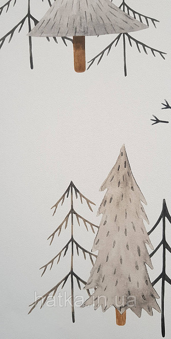 Шпалери флізелінові екологічно чисті Rasch Kids World 0.53х10 дитячі ялинки гілки коричневі сірі на білому Київ - фото 2