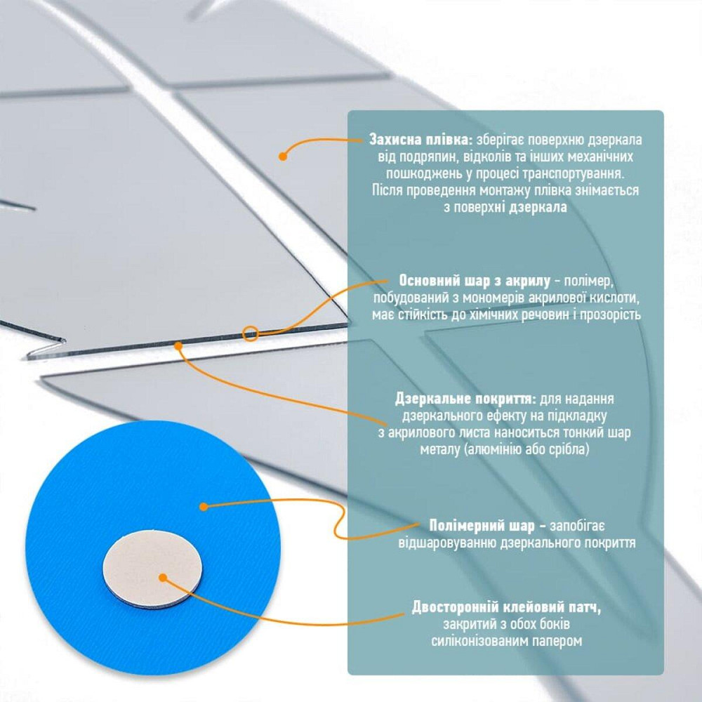 Зеркальный декор акриловый самоклеющийся Перо серебро, 6шт (D) SW-00002505 Днепр - изображение 4
