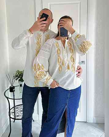 Женская стильная вышиванка с золотой вышивкой и с кружевными вставками 80% хлопок, 20% полиэстер. 46, Белый Одесса