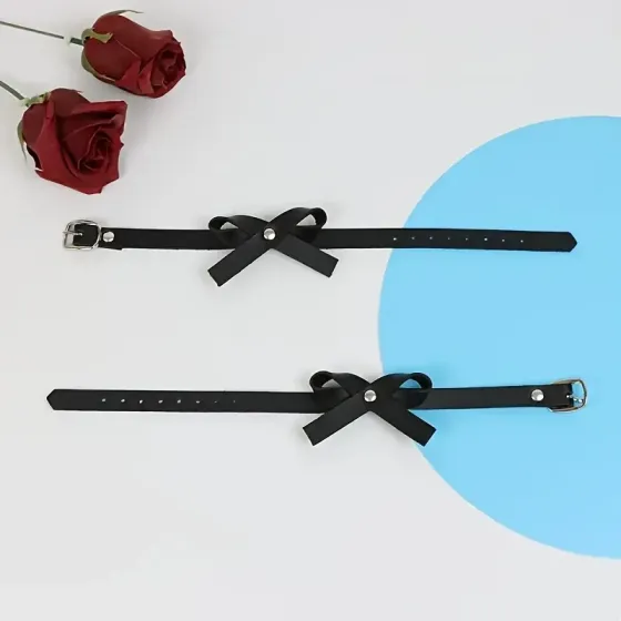 Браслеты на лодыжку с бантиками – черные парные аксессуары PU кожа Киев