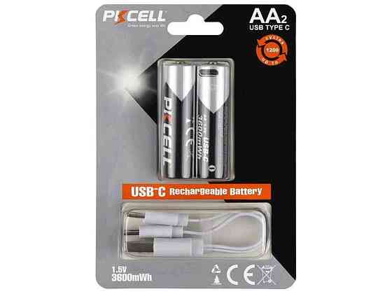 Батарейка акумуляторна AA 3600mAh 2шт (блістер) (Li-ion) з розємом Type-C (з кабелем) ТМ PKCELL Київ