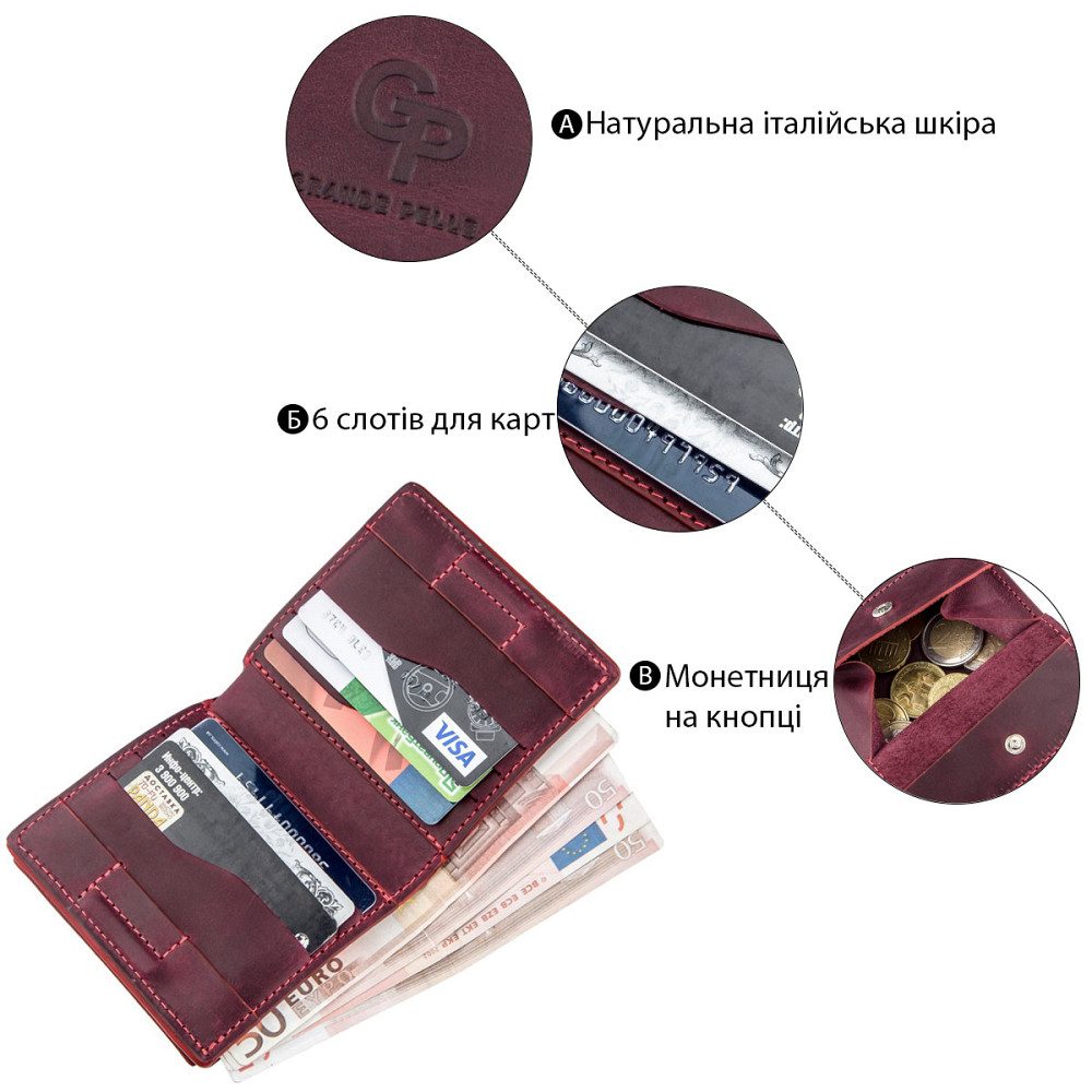 Оригинальное портмоне женское с накладной монетницей GRANDE PELLE 11225 Бордовое Киев - изображение 4