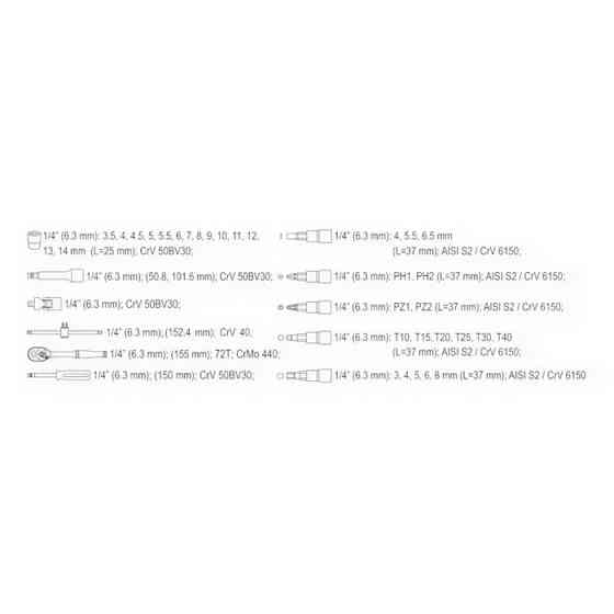 Набір інструменту 1/4" 38 шт, 3,5-14 мм з тріщ., подовжує., кардан, отв.-вороток, біти, Т-вороток Мукачево