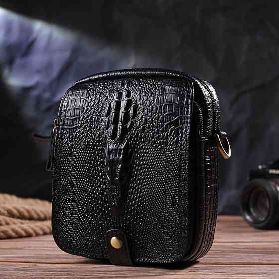 Невелика чоловіча сумка з натуральної шкіри з фактурою під крокодила Чорна (Vintage) Київ