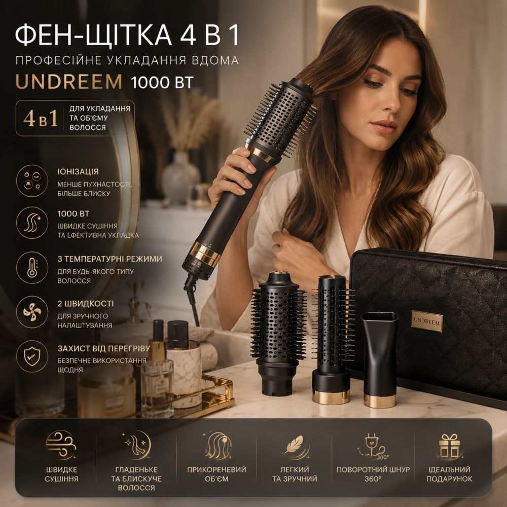 Фен-щітка Undreem 4 в 1, 1000 Вт, іонізація, 3 температури, 2 швидкості, фен для укладання та об'єму волосся Київ - фото 9