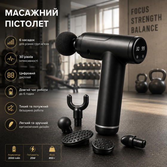 Уценка! Массажный пистолет для тела с 6 насадками, аккумуляторный перкуссионный массажер с дисплеем, черный Киев