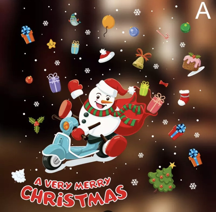 Різдвяні наклейки на вікна "Сніговик на скутері" - картина на 2-х листах розмірами 35*50см, силікон Київ - фото 1