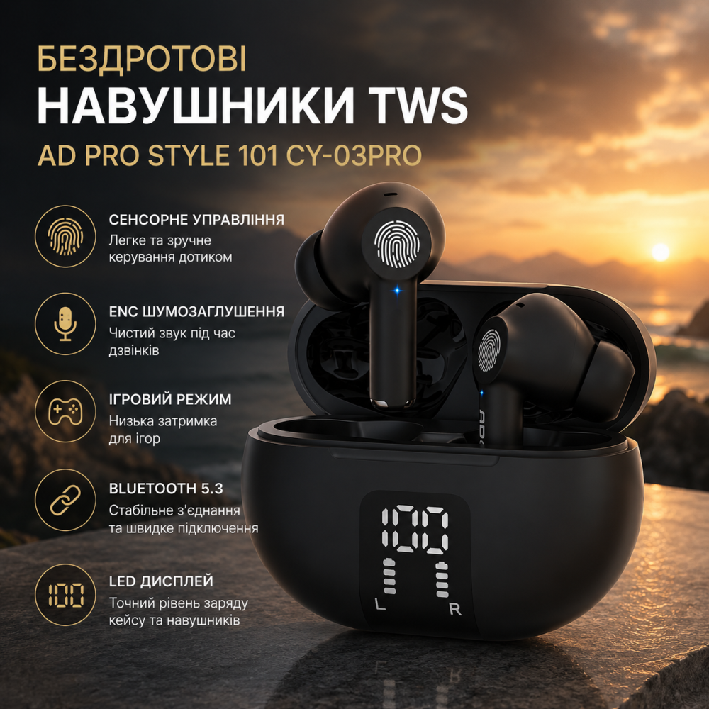 Бездротові сенсорні навушники TWS AD Pro Style 101 CY-03PRO Black — Ігрова Bluetooth-гарнітура з ENC та LED-дисплеєм Київ - фото 10