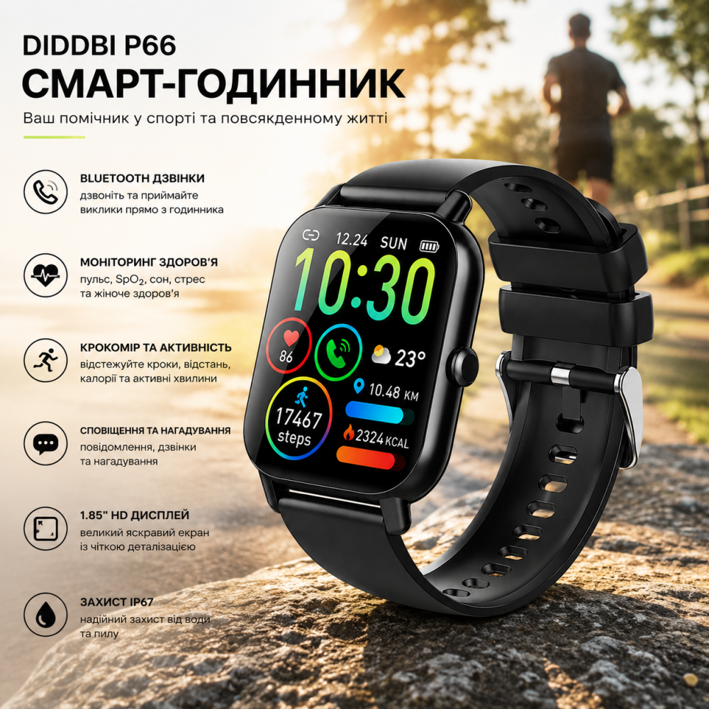 Смарт-годинник Ddidbi P66: 1.85" HD-дисплей, Bluetooth-дзвінки, крокомір та моніторинг здоров’я (Стильний чорний дизайн) Київ - фото 6