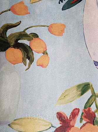 Шпалери вінілові Decoprint Breeze квіти у вазі помаранчеві червоні зелені на блакитному акварель 0.53х10 м Київ