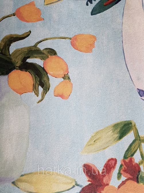 Шпалери вінілові Decoprint Breeze квіти у вазі помаранчеві червоні зелені на блакитному акварель 0.53х10 м Київ - фото 1