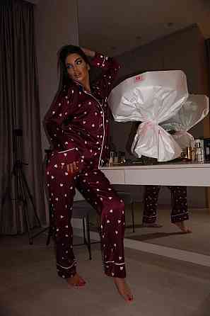 Женская пижама двойка с сердечками из шелка армани Бордовый, 40/42 Одесса
