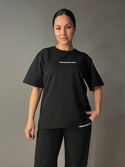 Костюм жіночий CAPPITONE 101216 оверсайз футболка з джогерами з швом і написом чорний, чорний, S Київ - фото 18