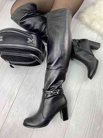 Kluchini Ботфорти жіночі KLUCHINI чорні натуральна шкіра з хутром висота 50см обхват гомілки 36 Коломыя