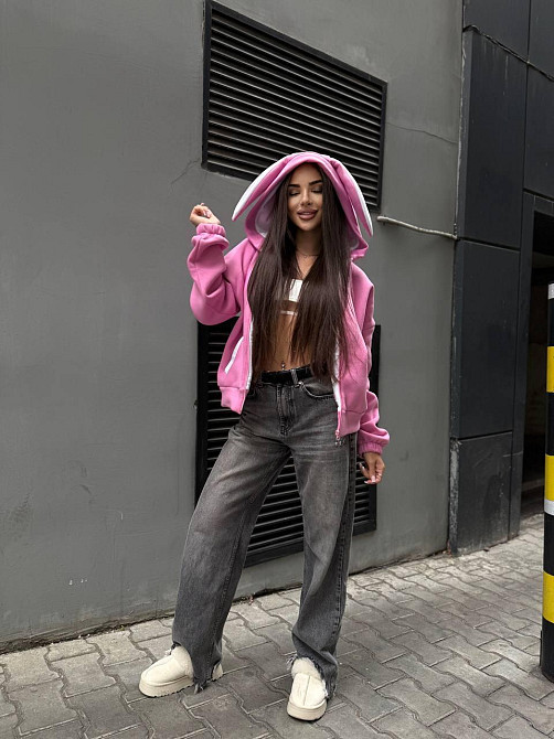 Женская стильная худи с ушками трехнить на флисе Розовый Одесса - изображение 13